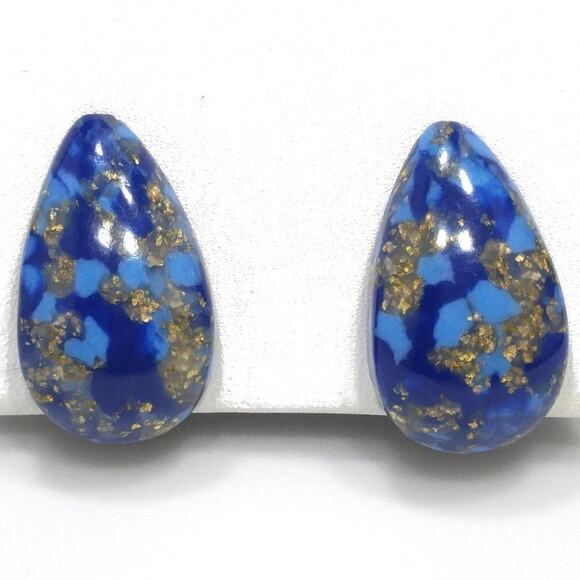 Vintage 1950s Blue Gold Glitter Lucite Clip Earrings Mid Century Modern Jewelry - Picture 1 of 13